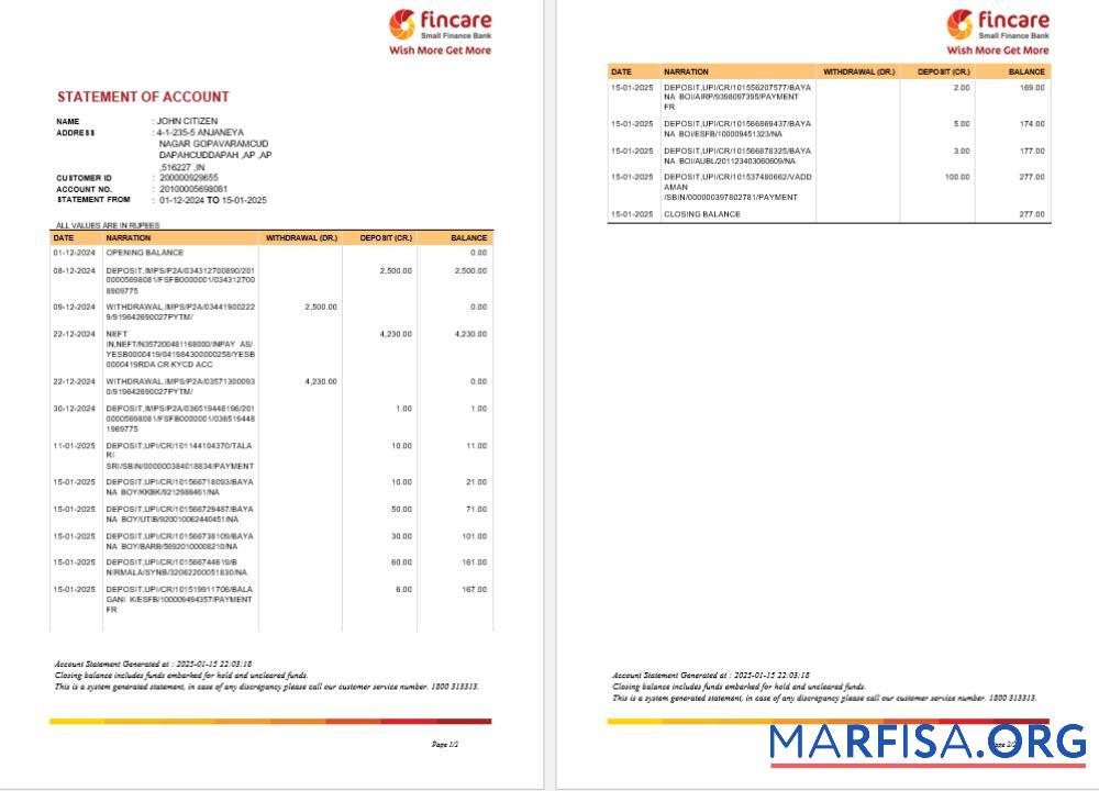Printable India Fincare bank statement word version 2 template